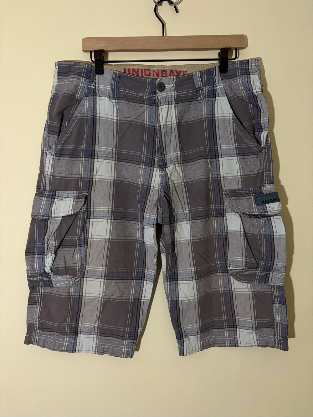 Y2K Union Bay Gray/White/Blue Baggy Cargo Plaid Shorts